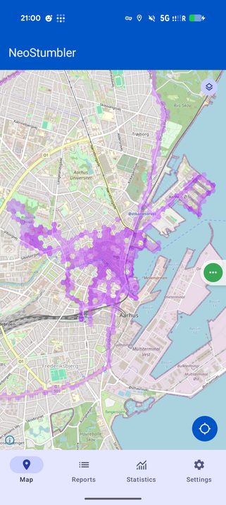 Screenshot of NeoStumbler showing violet hexagons overlayed on a map of Aarhus. It shows where I have been. 