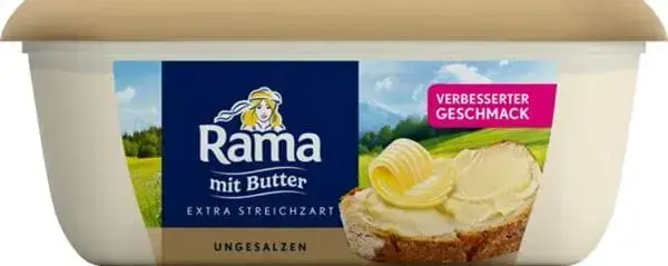 Produktbild der neuen Packung. Auf der Seite steht: "Rama mit Butter" und "verbesserter Geschmack".
