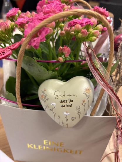 Eine Zimmerpflanze mit kleinen pinken Blüten in einer Geschenktüte und ein Ton-Herz mit der Aufschrift „Schön, dass Du da bist!“