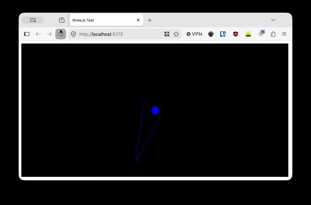 Screenrecording of a firefox window: localhost:5173. A small blue cube rotates in the center. Two blue lines rotate in a weird way around it. Suddenly a blue half disc appears and rotates away. It re-appears even bigger and rotates away. 